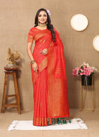 Vedant Vastram Red Color Banarasi Silk Saree - Red | Grocsy
