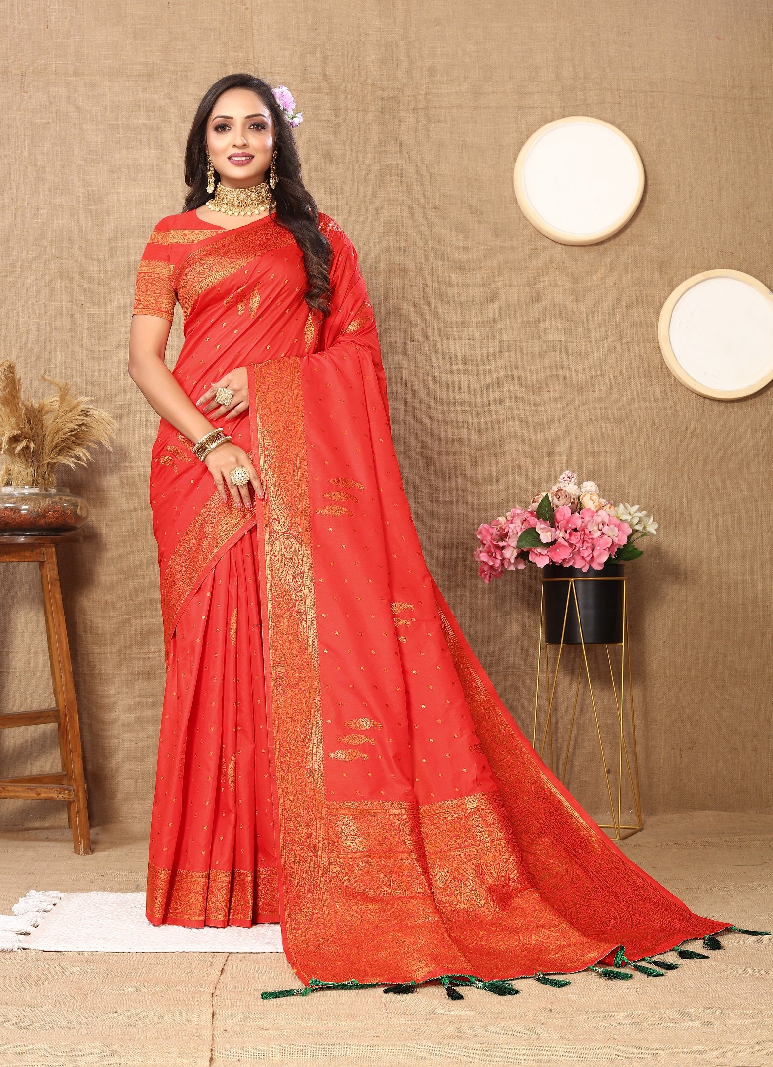 Vedant Vastram Red Color Banarasi Silk Saree - Red | Grocsy
