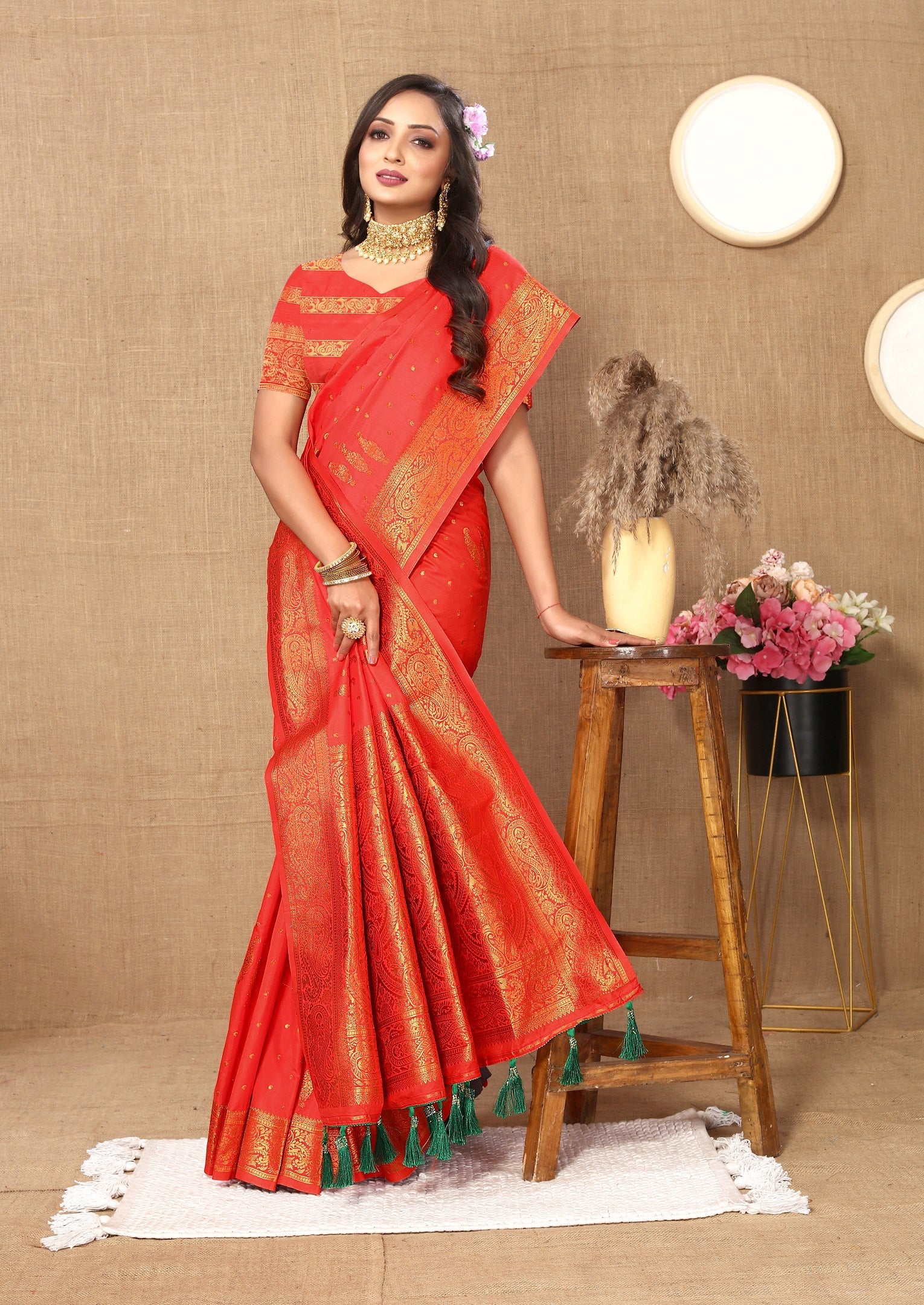 Vedant Vastram Red Color Banarasi Silk Saree - Red | Grocsy