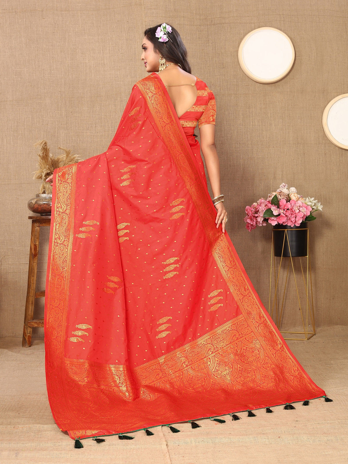 Vedant Vastram Red Color Banarasi Silk Saree - Red | Grocsy