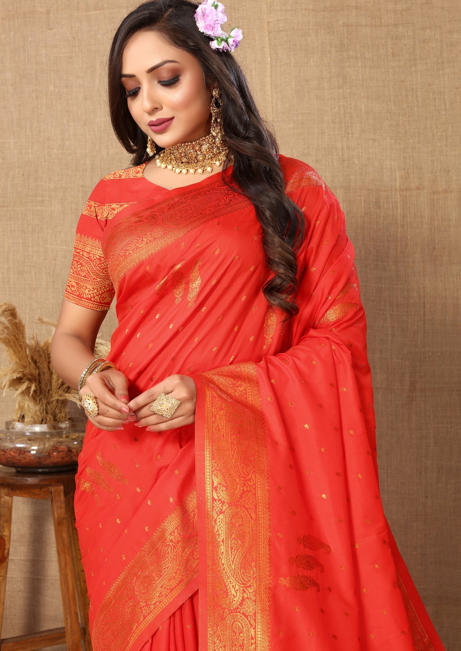 Vedant Vastram Red Color Banarasi Silk Saree - Red | Grocsy