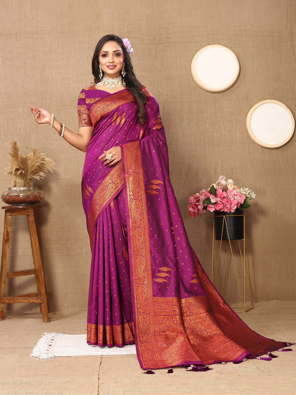 Vedant Vastram Wine Color Banarasi Silk Saree - Wine | Grocsy