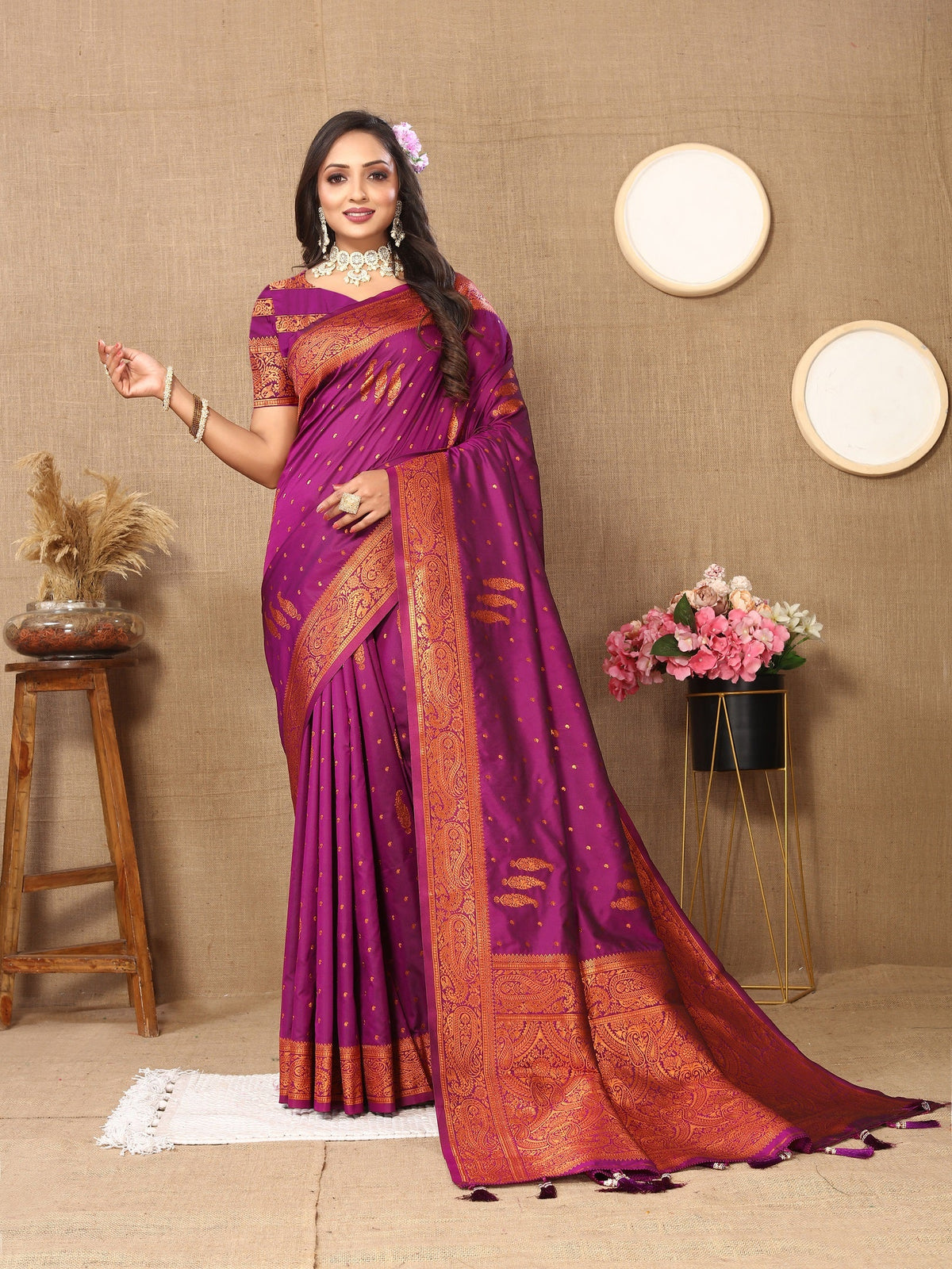 Vedant Vastram Wine Color Banarasi Silk Saree - Wine | Grocsy