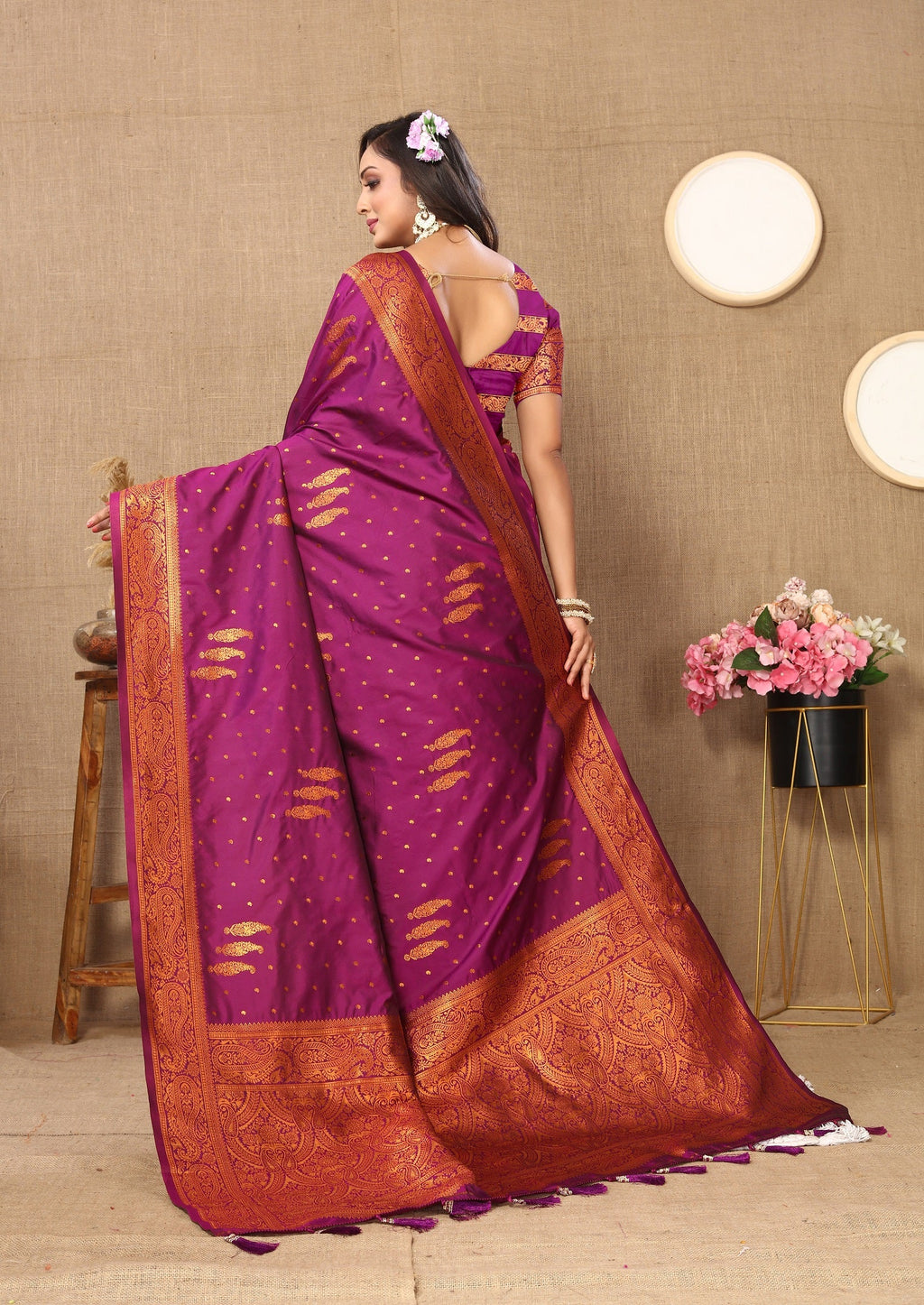 Vedant Vastram Wine Color Banarasi Silk Saree - Wine | Grocsy