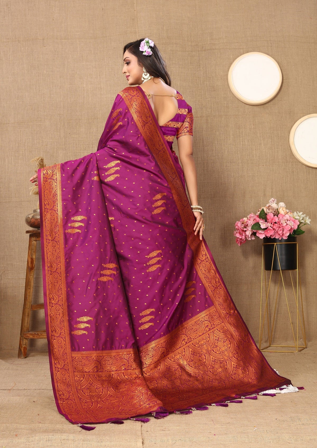 Vedant Vastram Wine Color Banarasi Silk Saree - Wine | Grocsy