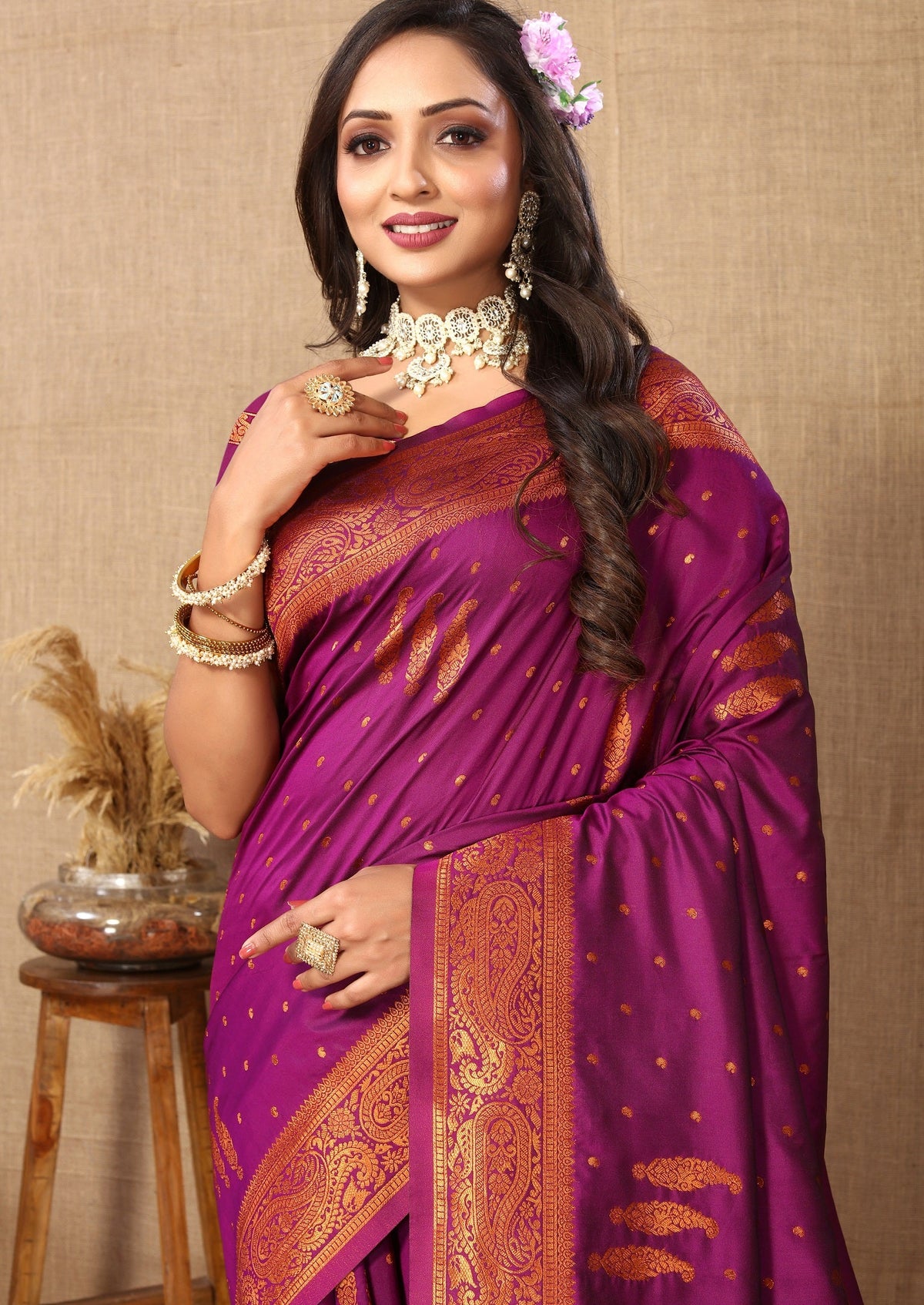 Vedant Vastram Wine Color Banarasi Silk Saree - Wine | Grocsy