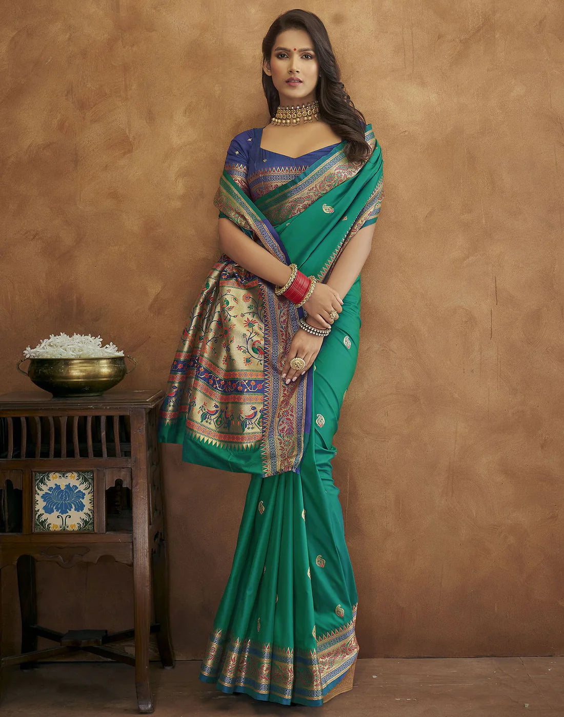Vedant Vastram Green Color Paithani Silk Saree - Green | Grocsy