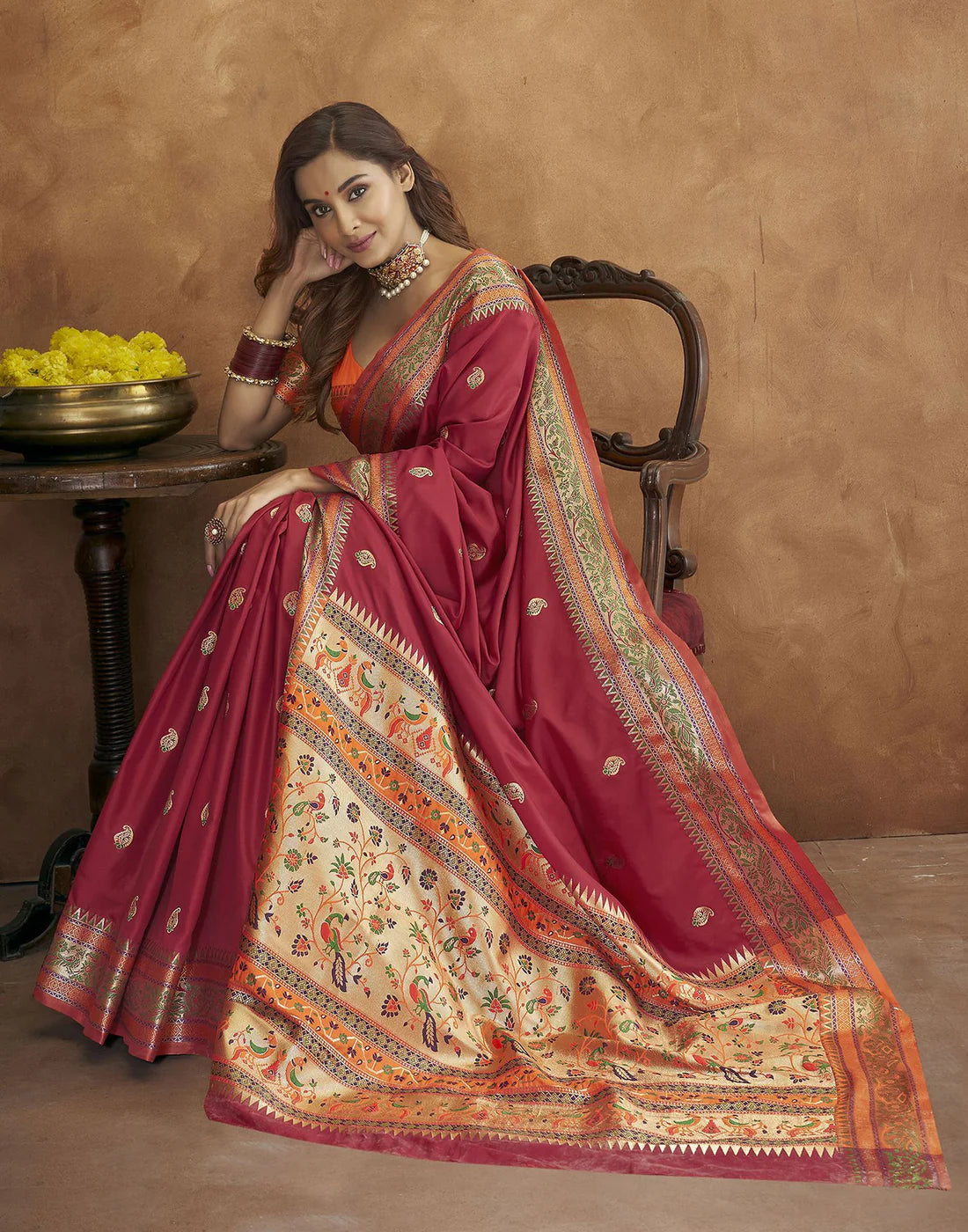 Vedant Vastram Maroon Color Paithani Silk Saree - Maroon | Grocsy
