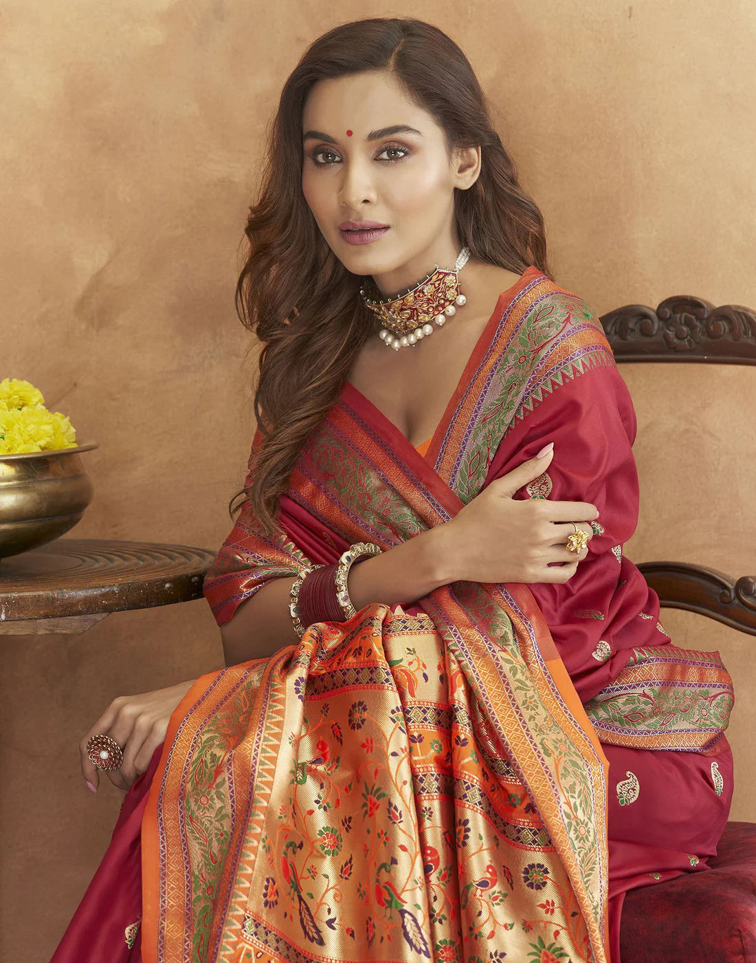 Vedant Vastram Maroon Color Paithani Silk Saree - Maroon | Grocsy