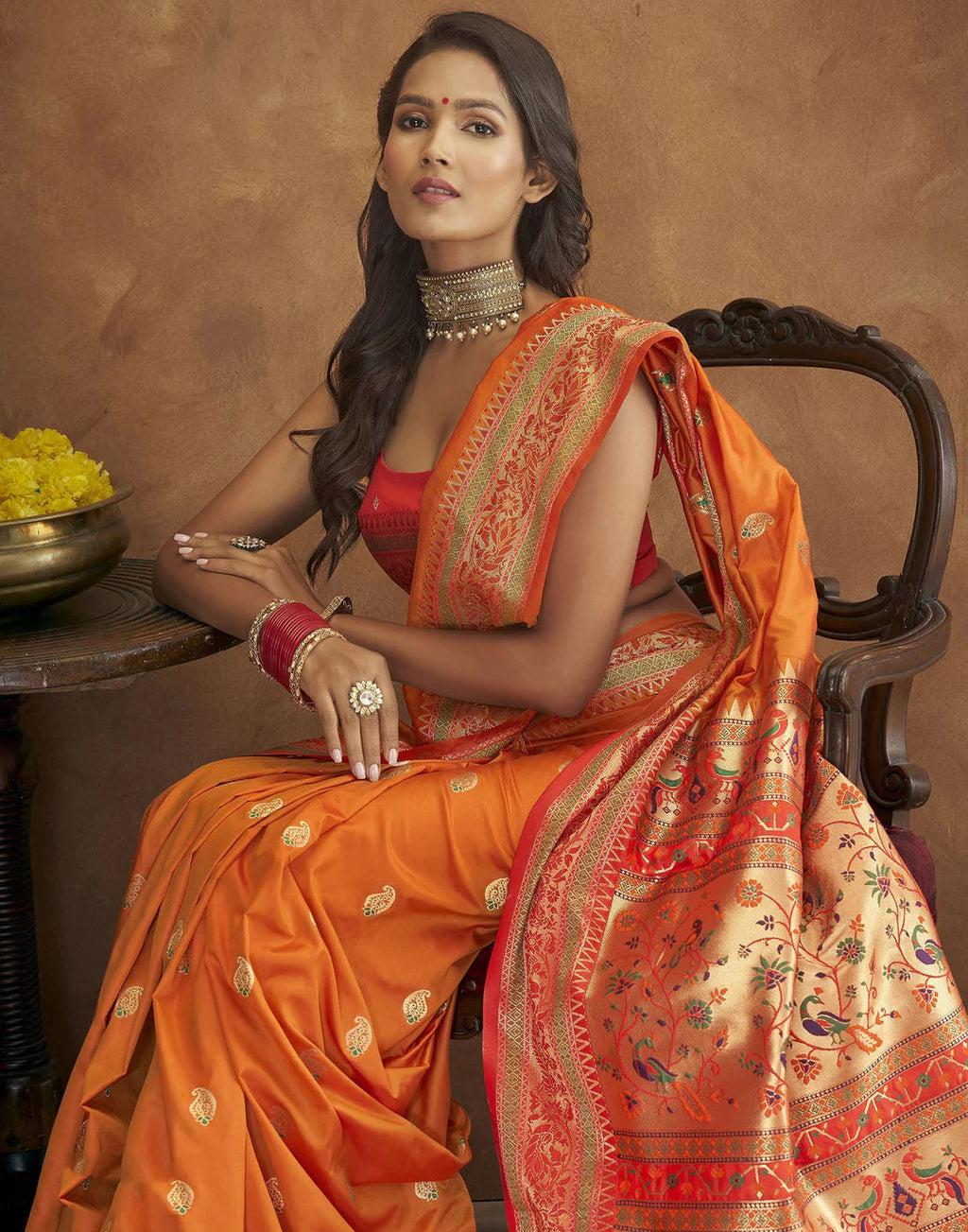 Vedant Vastram Orange Color Paithani Silk Saree - Orange | Grocsy