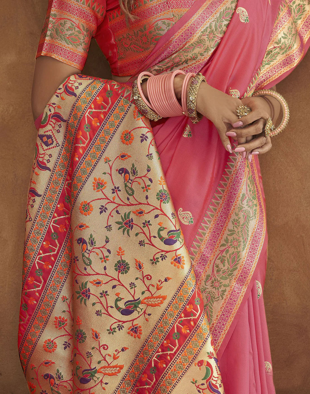 Vedant Vastram Peach Color Paithani Silk Saree - Peach | Grocsy