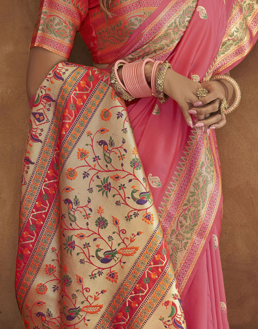 Vedant Vastram Peach Color Paithani Silk Saree - Peach | Grocsy