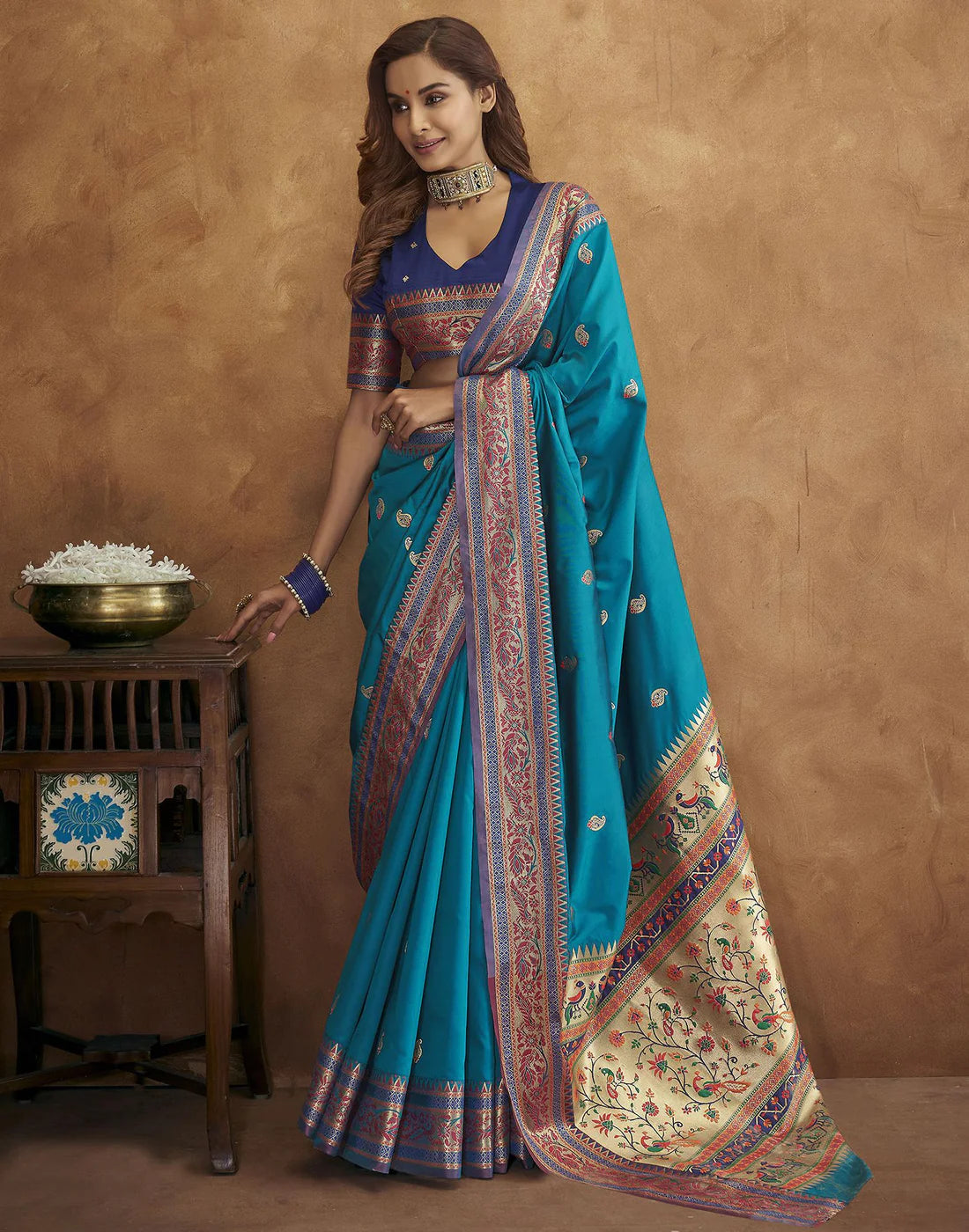 Vedant Vastram Rama Color Paithani Silk Saree - Rama | Grocsy