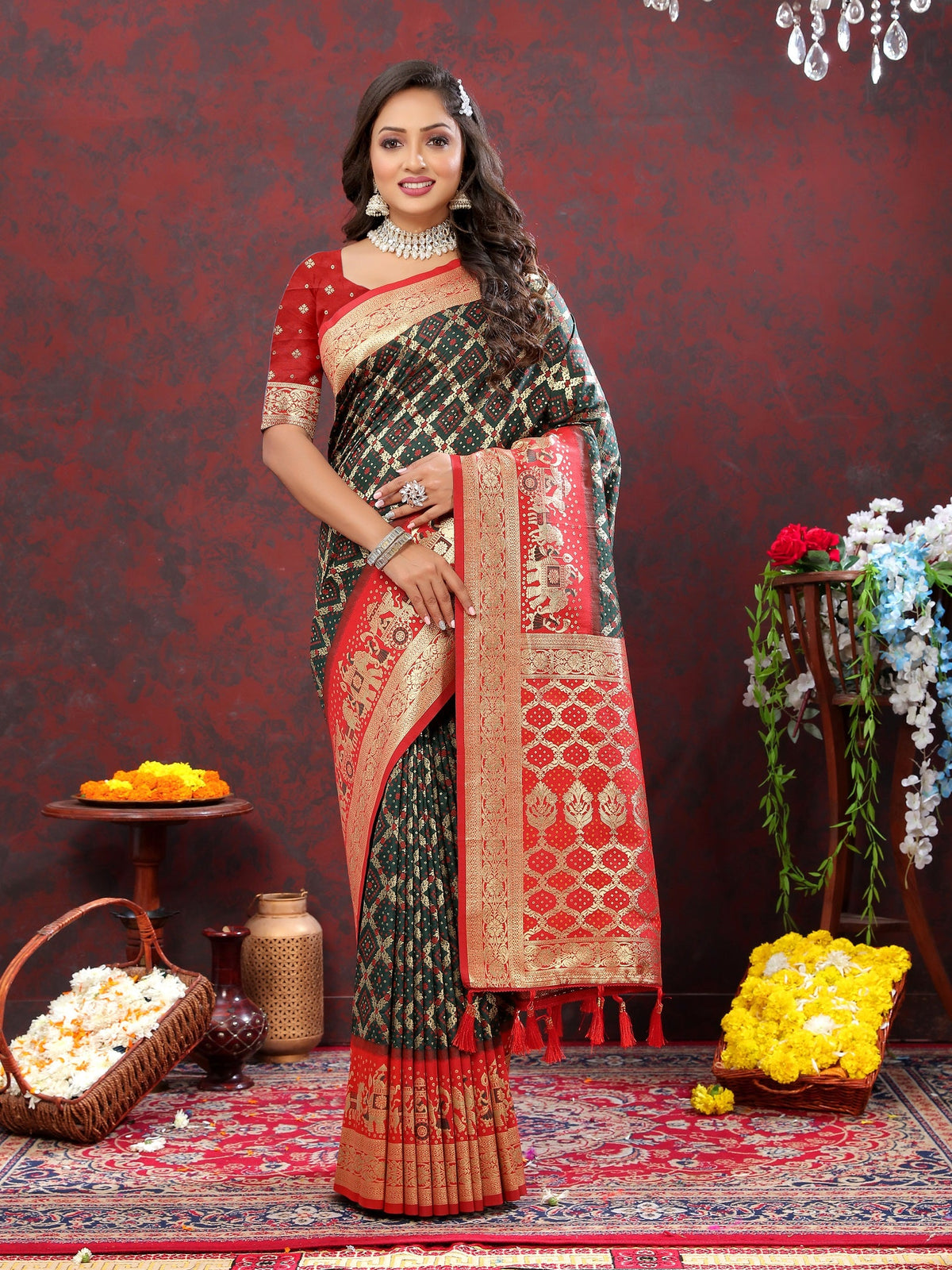 Vedant Vastram Bottle Green Color Kanjeevaram Patola Silk Saree - Bottle Green | Grocsy
