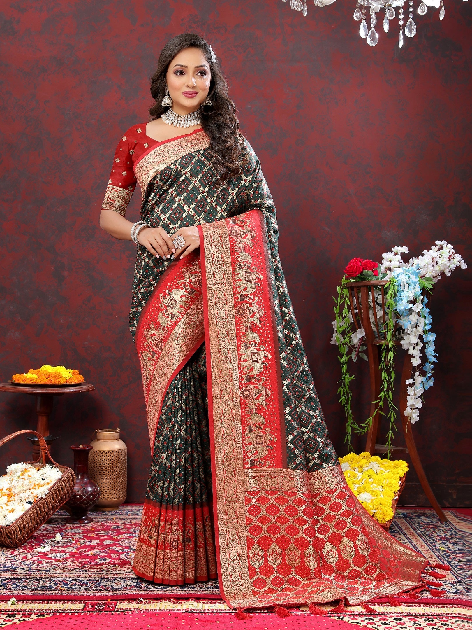 Vedant Vastram Bottle Green Color Kanjeevaram Patola Silk Saree - Bottle Green | Grocsy