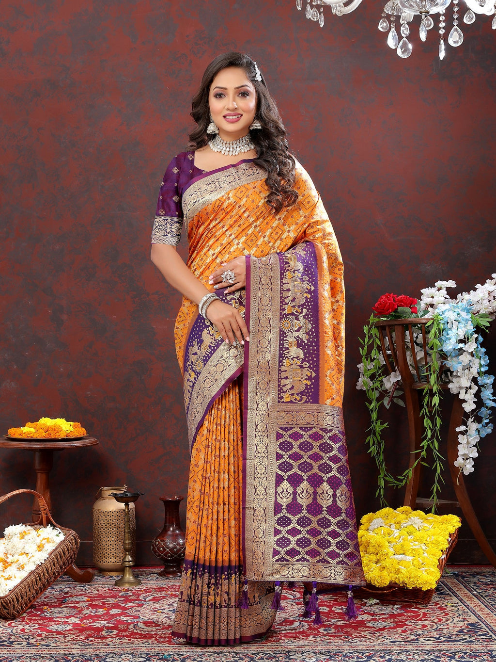 Vedant Vastram Mustard Color Kanjeevaram Patola Silk Saree - Mustard | Grocsy