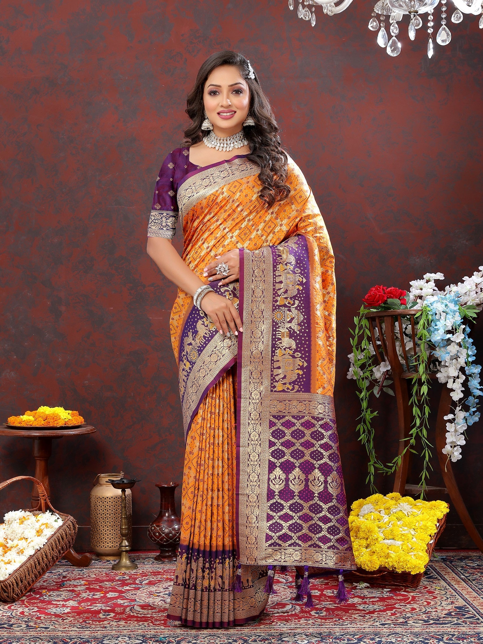 Vedant Vastram Mustard Color Kanjeevaram Patola Silk Saree - Mustard | Grocsy