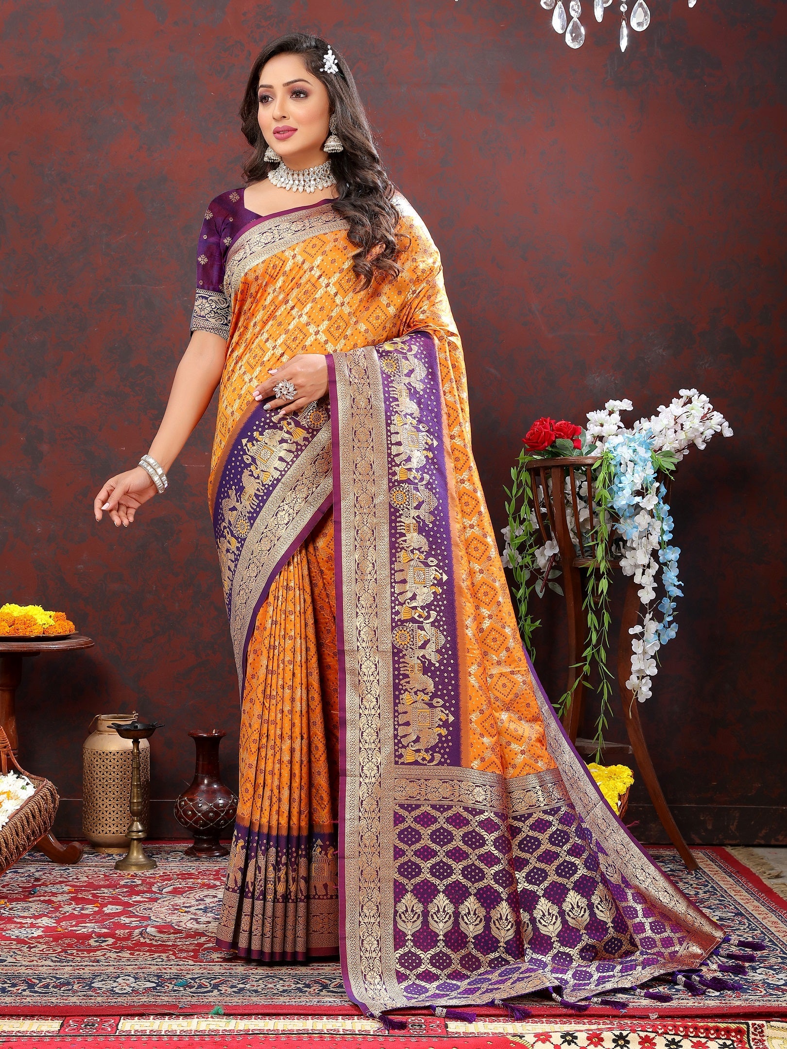 Vedant Vastram Mustard Color Kanjeevaram Patola Silk Saree - Mustard | Grocsy