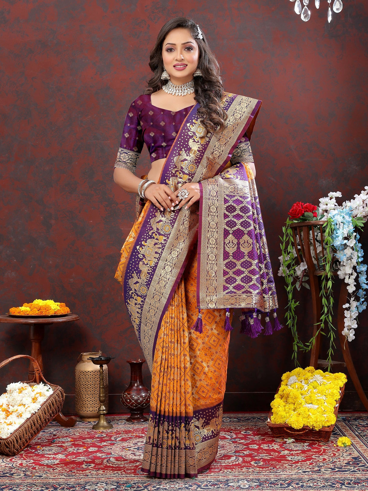 Vedant Vastram Mustard Color Kanjeevaram Patola Silk Saree - Mustard | Grocsy