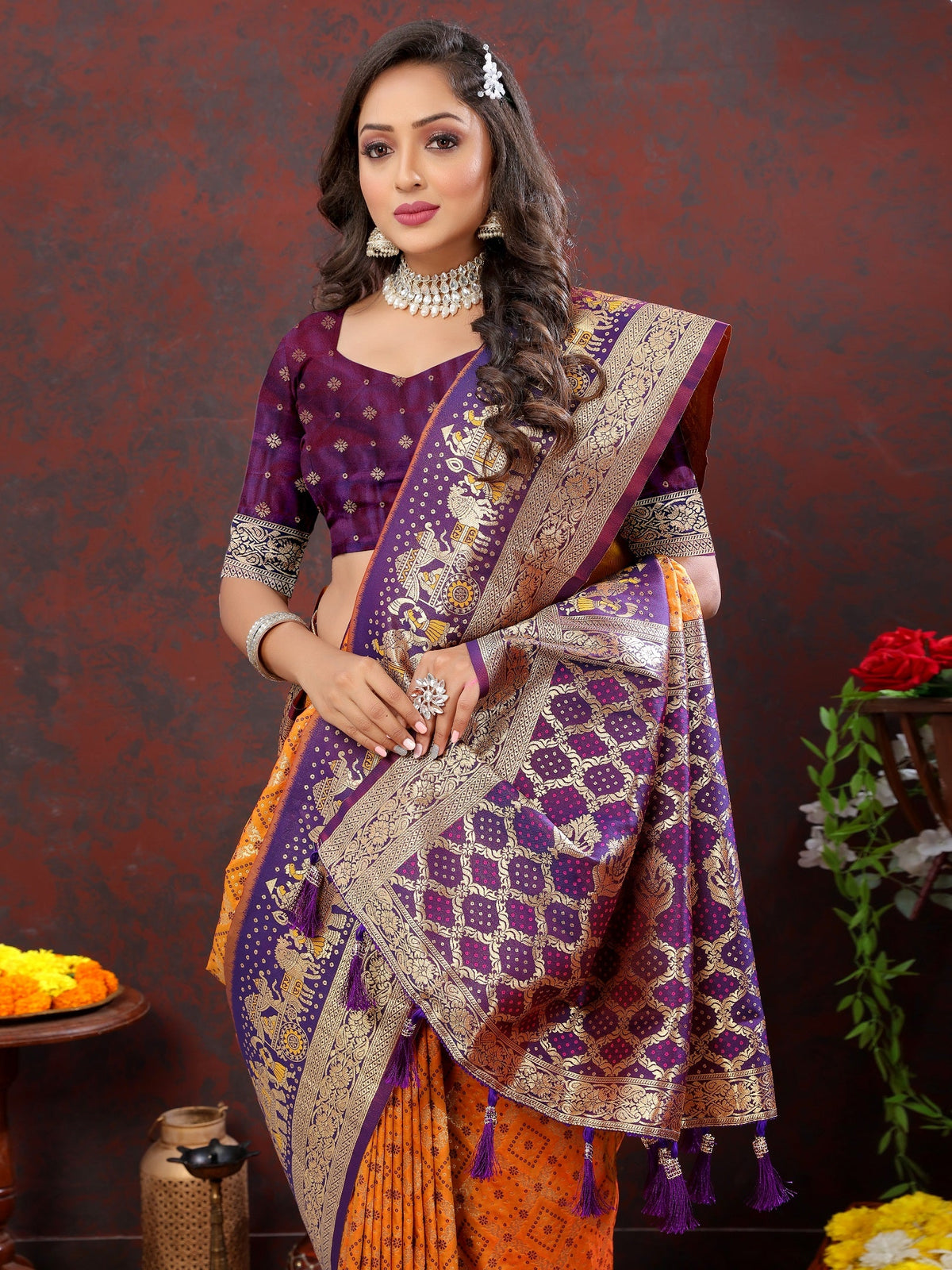 Vedant Vastram Mustard Color Kanjeevaram Patola Silk Saree - Mustard | Grocsy