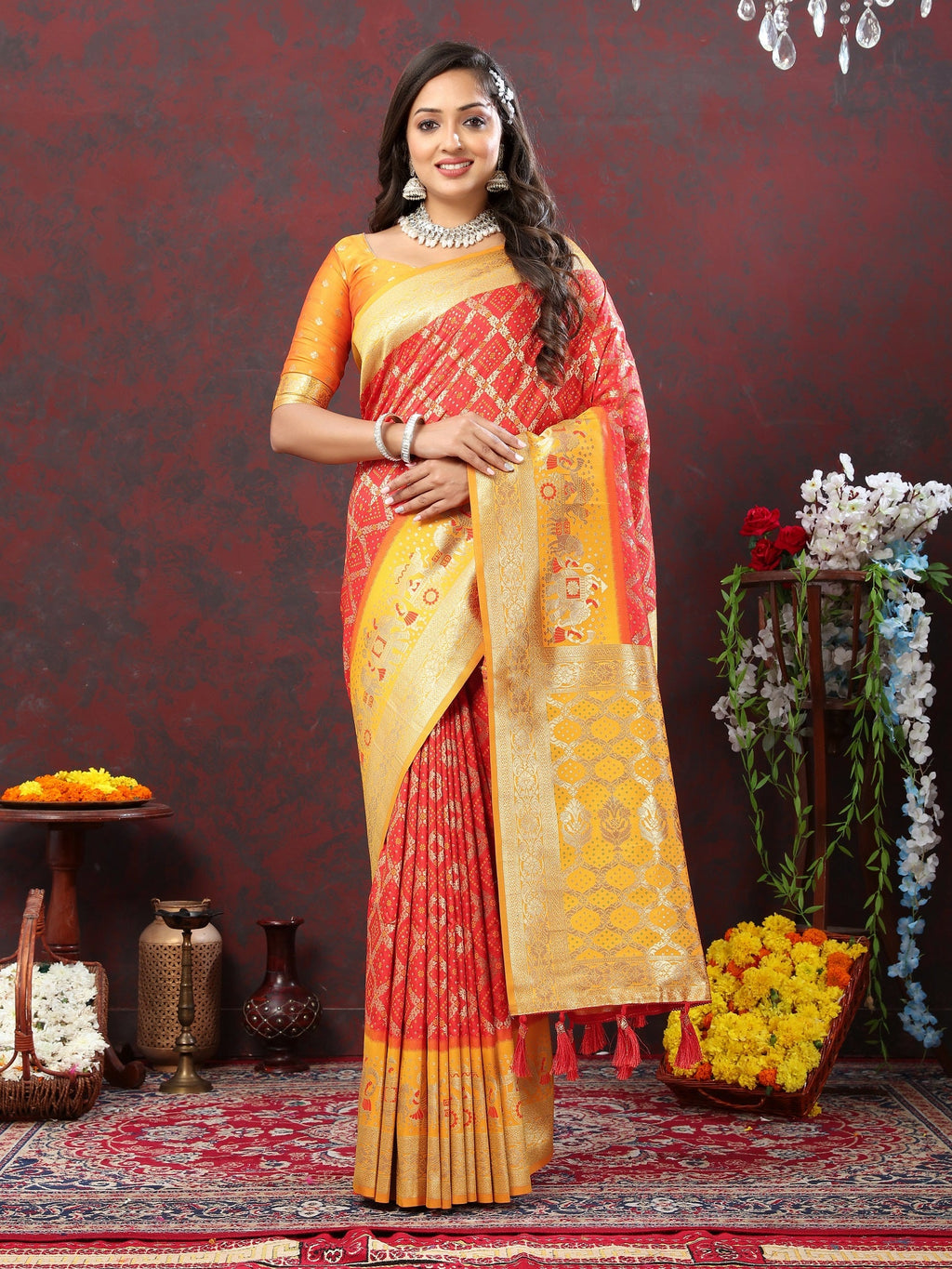 Vedant Vastram Orange Color Kanjeevaram Patola Silk Saree - Orange | Grocsy