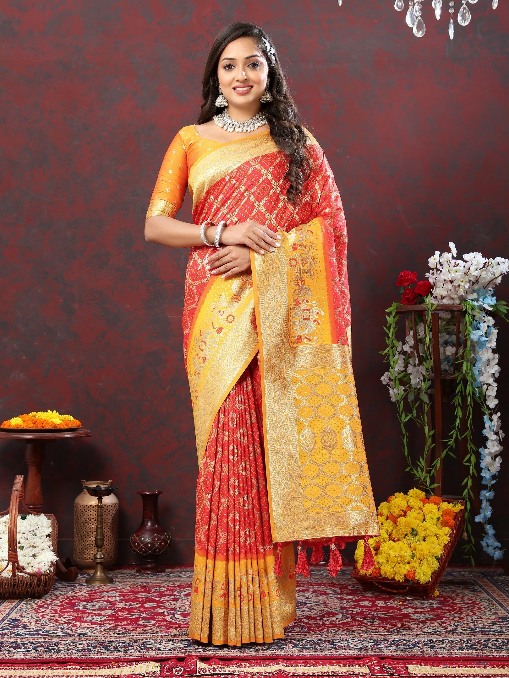 Vedant Vastram Orange Color Kanjeevaram Patola Silk Saree - Orange | Grocsy