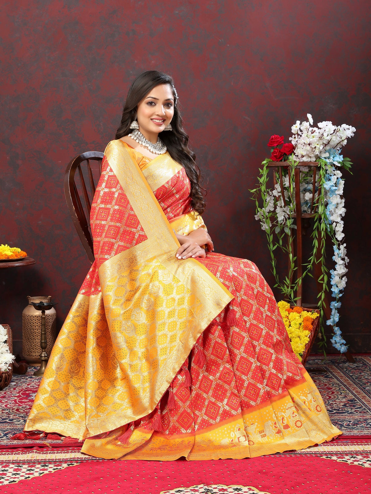 Vedant Vastram Orange Color Kanjeevaram Patola Silk Saree - Orange | Grocsy