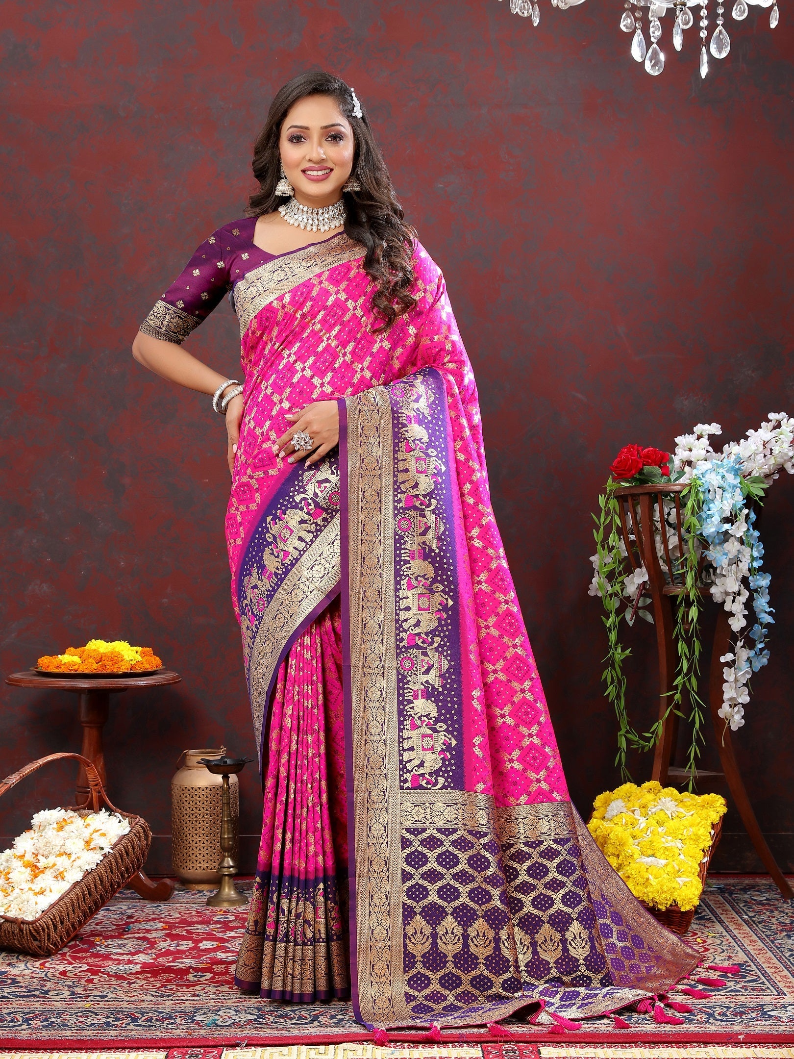 Vedant Vastram Pink Color Kanjeevaram Patola Silk Saree - Pink | Grocsy