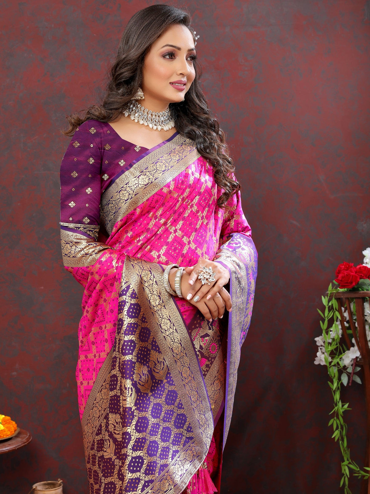 Vedant Vastram Pink Color Kanjeevaram Patola Silk Saree - Pink | Grocsy