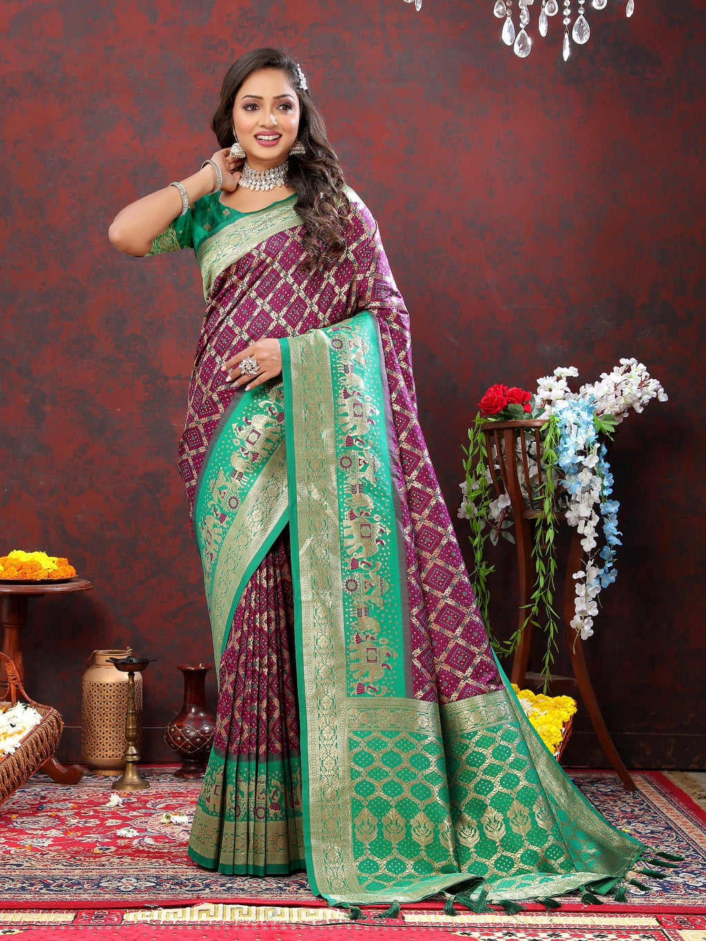 Vedant Vastram Purple Color Kanjeevaram Patola Silk Saree - Purple | Grocsy