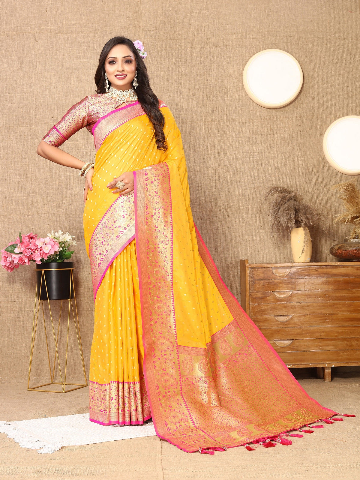 Vedant Vastram Mustard Color Kanjeevaram Silk Saree - Mustard | Grocsy