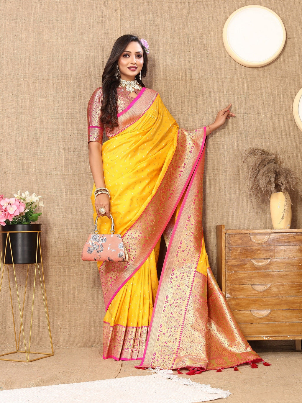 Vedant Vastram Mustard Color Kanjeevaram Silk Saree - Mustard | Grocsy