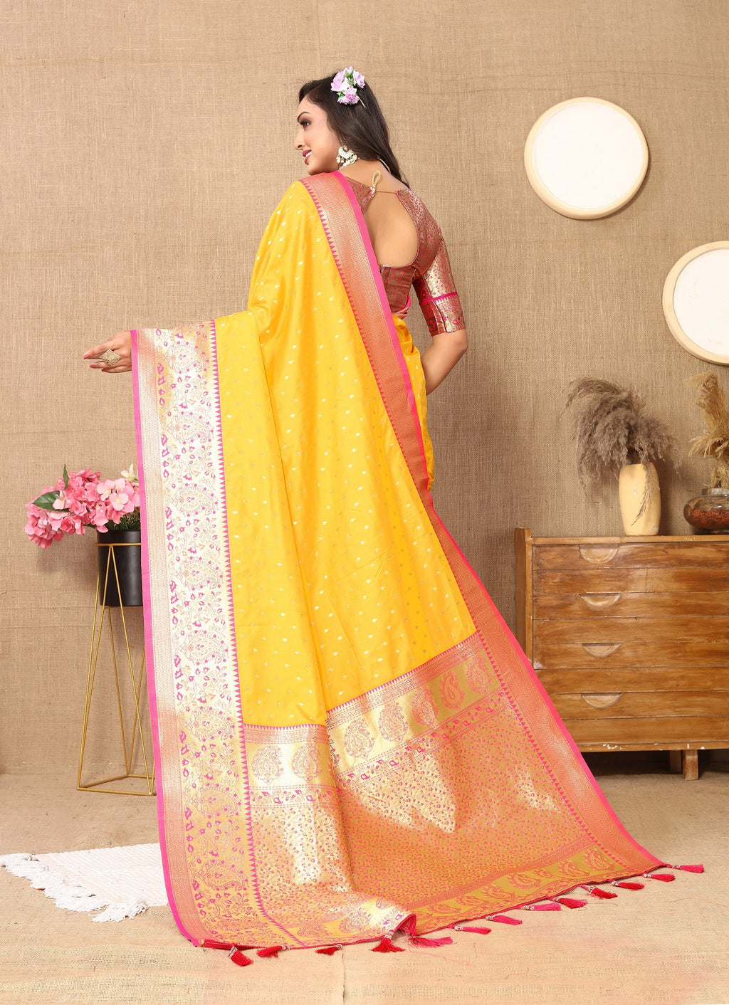 Vedant Vastram Mustard Color Kanjeevaram Silk Saree - Mustard | Grocsy