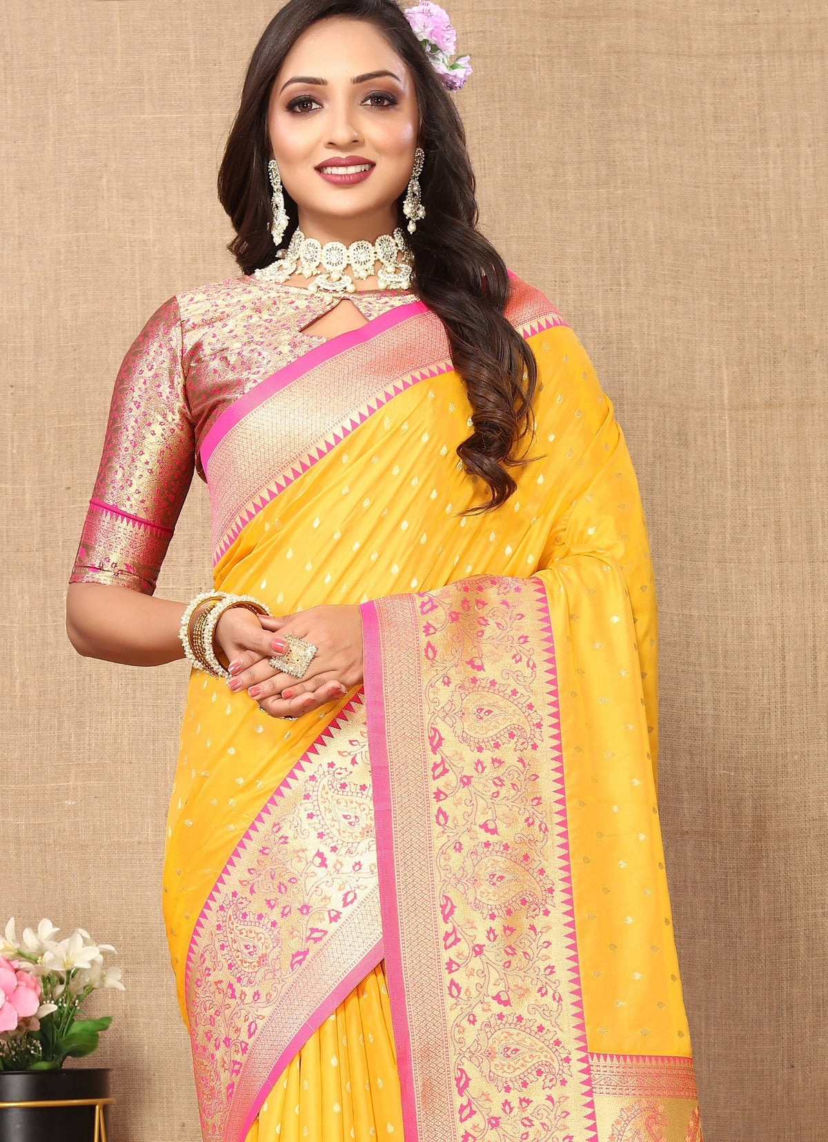 Vedant Vastram Mustard Color Kanjeevaram Silk Saree - Mustard | Grocsy