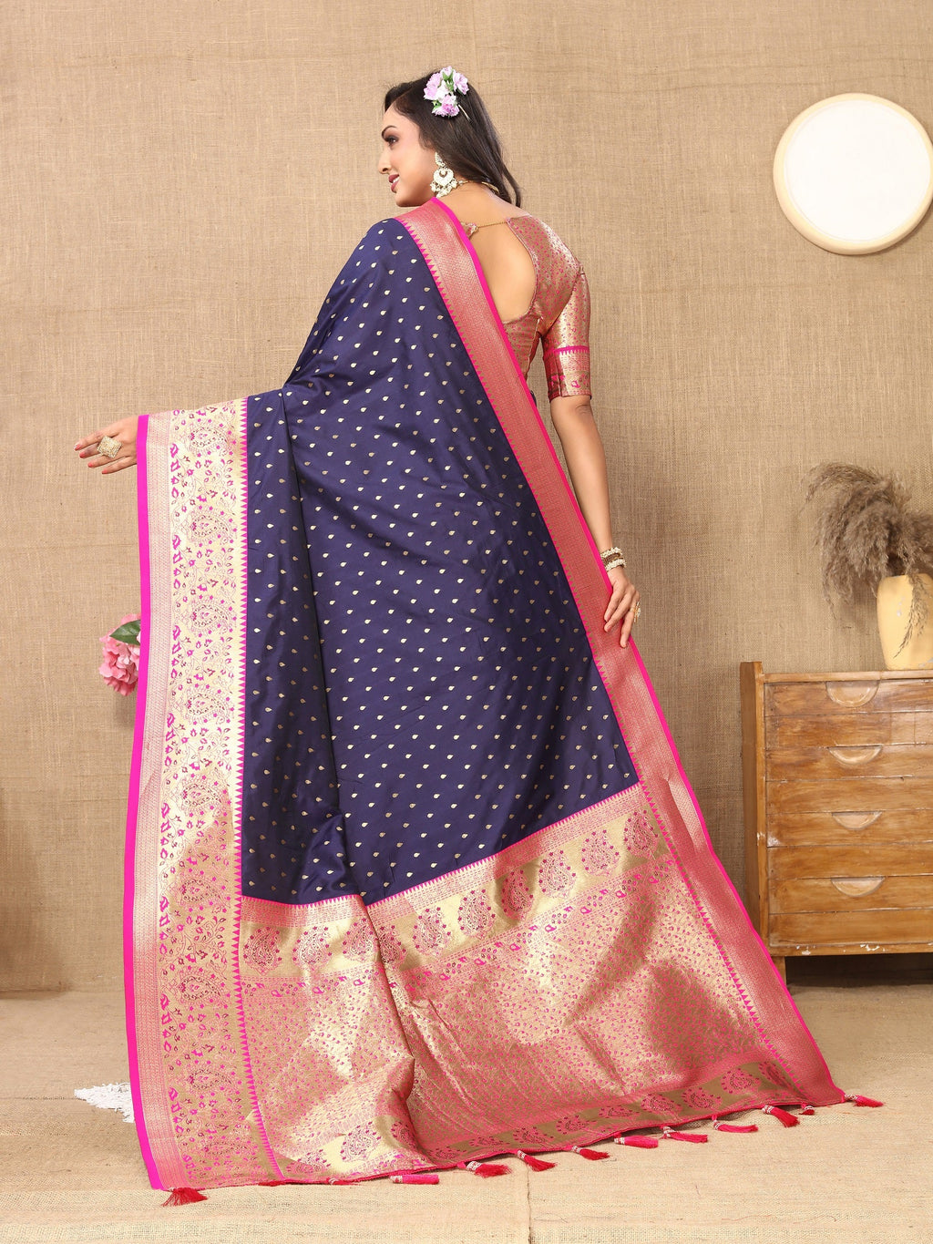 Vedant Vastram Navy Blue Color Kanjeevaram Silk Saree - Navy Blue | Grocsy
