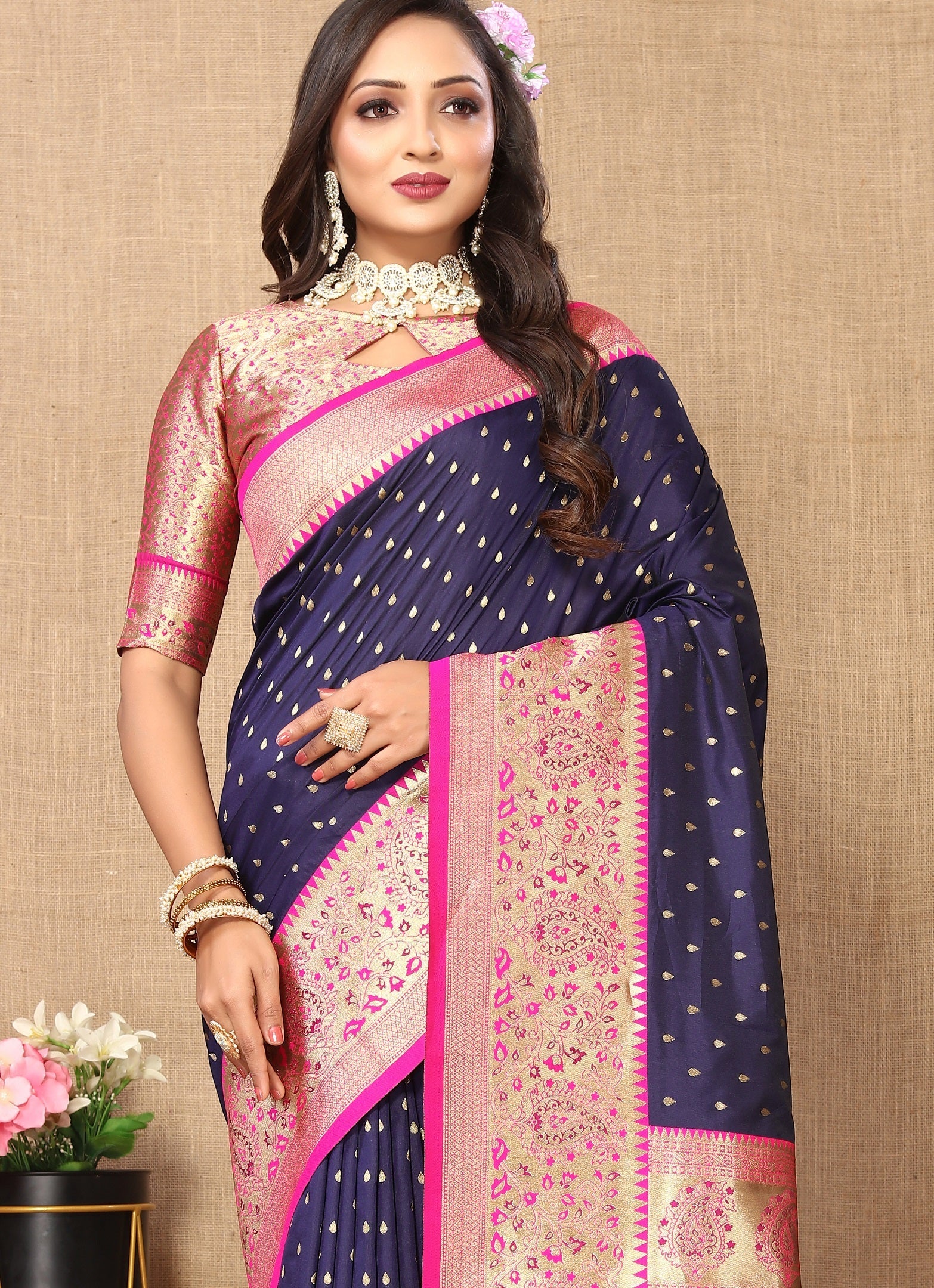 Vedant Vastram Navy Blue Color Kanjeevaram Silk Saree - Navy Blue | Grocsy