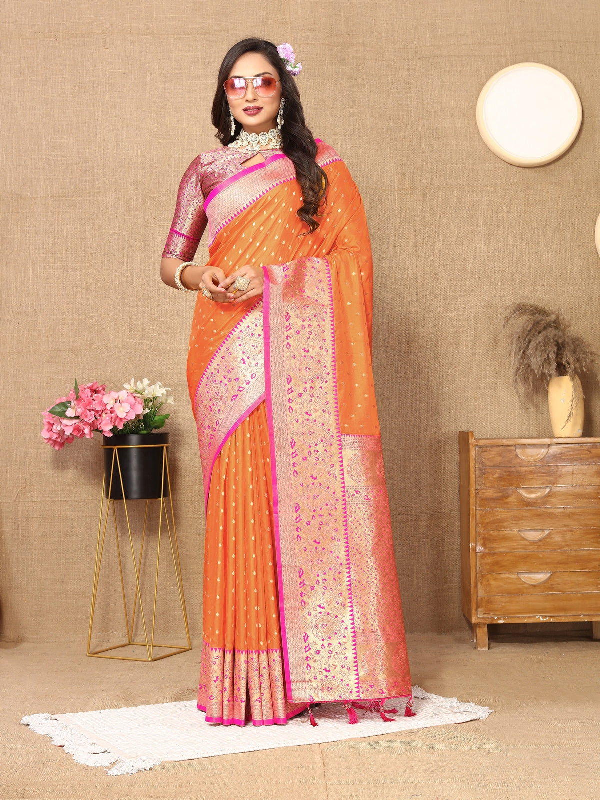Vedant Vastram Orange Color Kanjeevaram Silk Saree - Orange | Grocsy