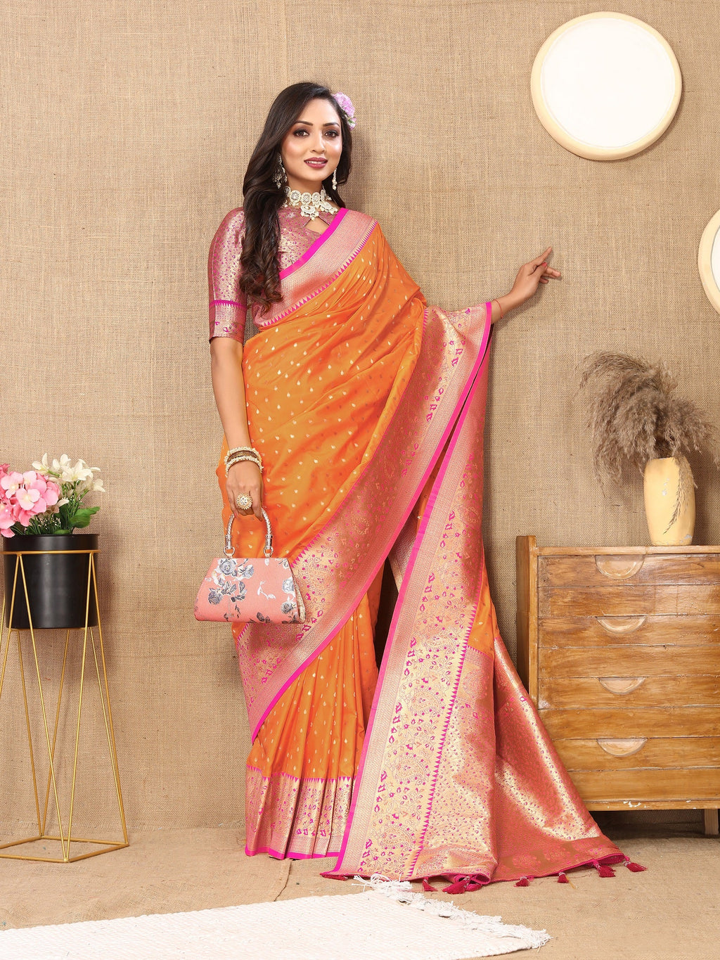 Vedant Vastram Orange Color Kanjeevaram Silk Saree - Orange | Grocsy