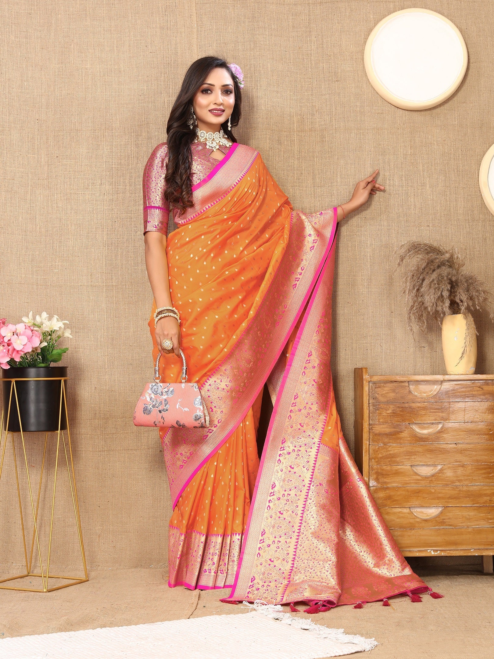 Vedant Vastram Orange Color Kanjeevaram Silk Saree - Orange | Grocsy