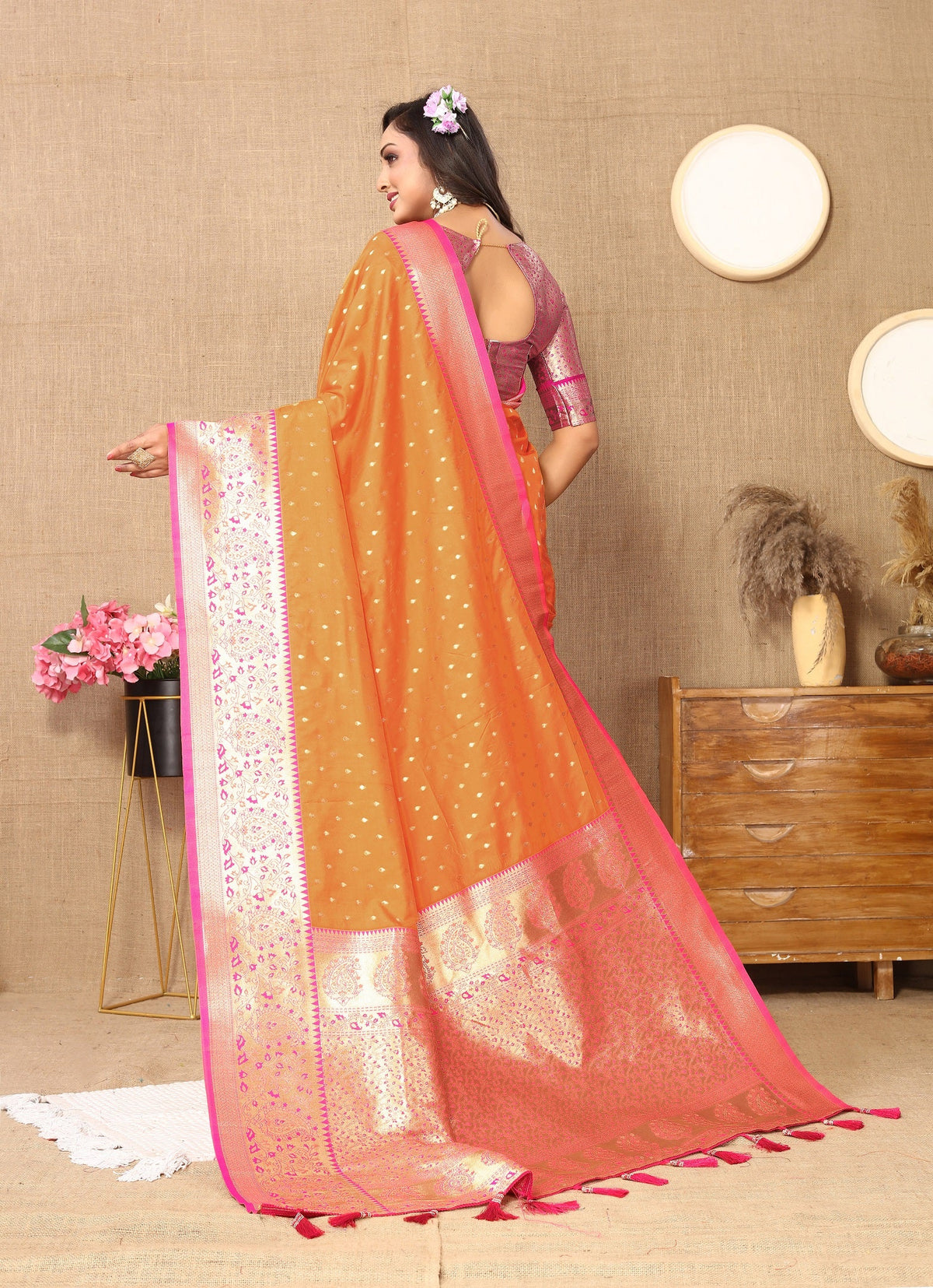 Vedant Vastram Orange Color Kanjeevaram Silk Saree - Orange | Grocsy