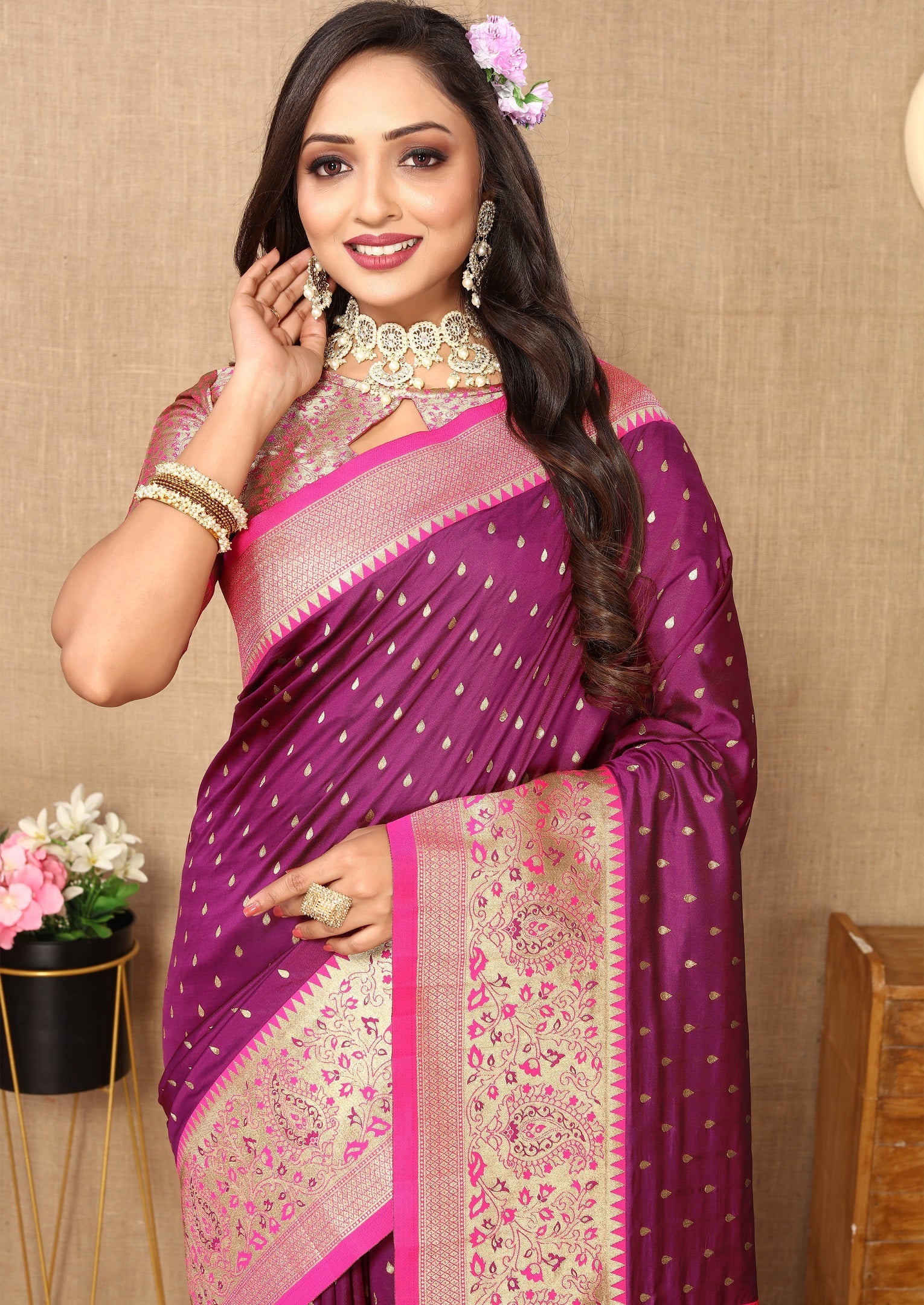 Vedant Vastram Purple Color Kanjeevaram Silk Saree - Purple | Grocsy