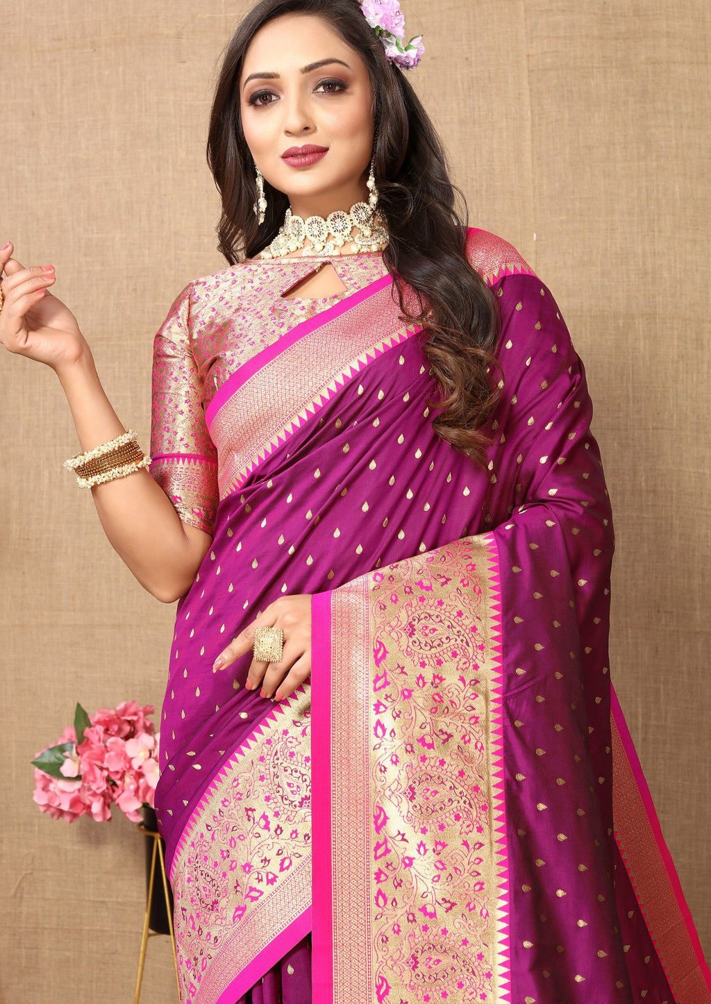 Vedant Vastram Purple Color Kanjeevaram Silk Saree - Purple | Grocsy