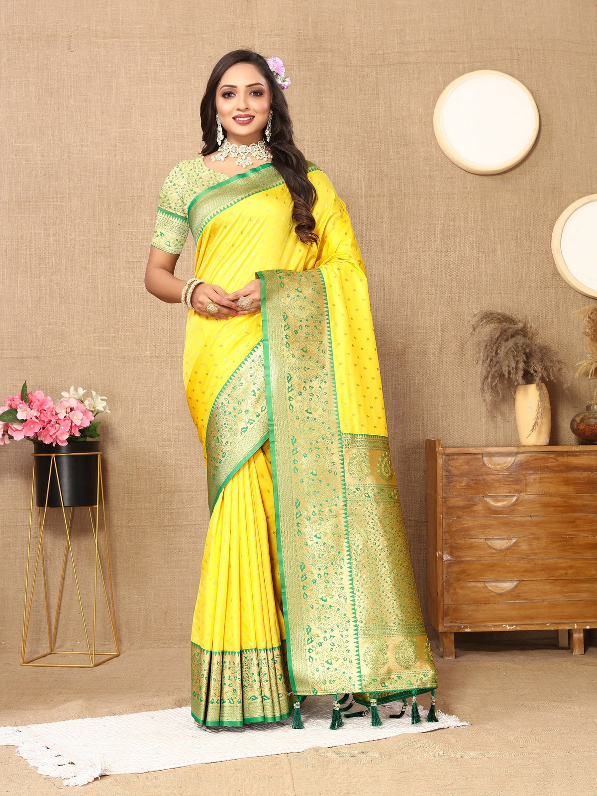 Vedant Vastram Yellow Color Kanjeevaram Silk Saree - Yellow | Grocsy