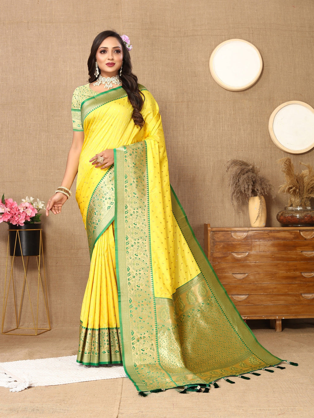 Vedant Vastram Yellow Color Kanjeevaram Silk Saree - Yellow | Grocsy