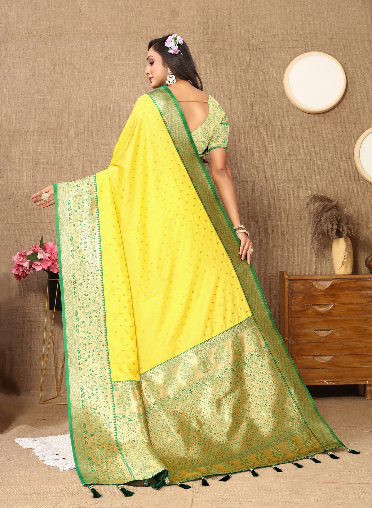 Vedant Vastram Yellow Color Kanjeevaram Silk Saree - Yellow | Grocsy