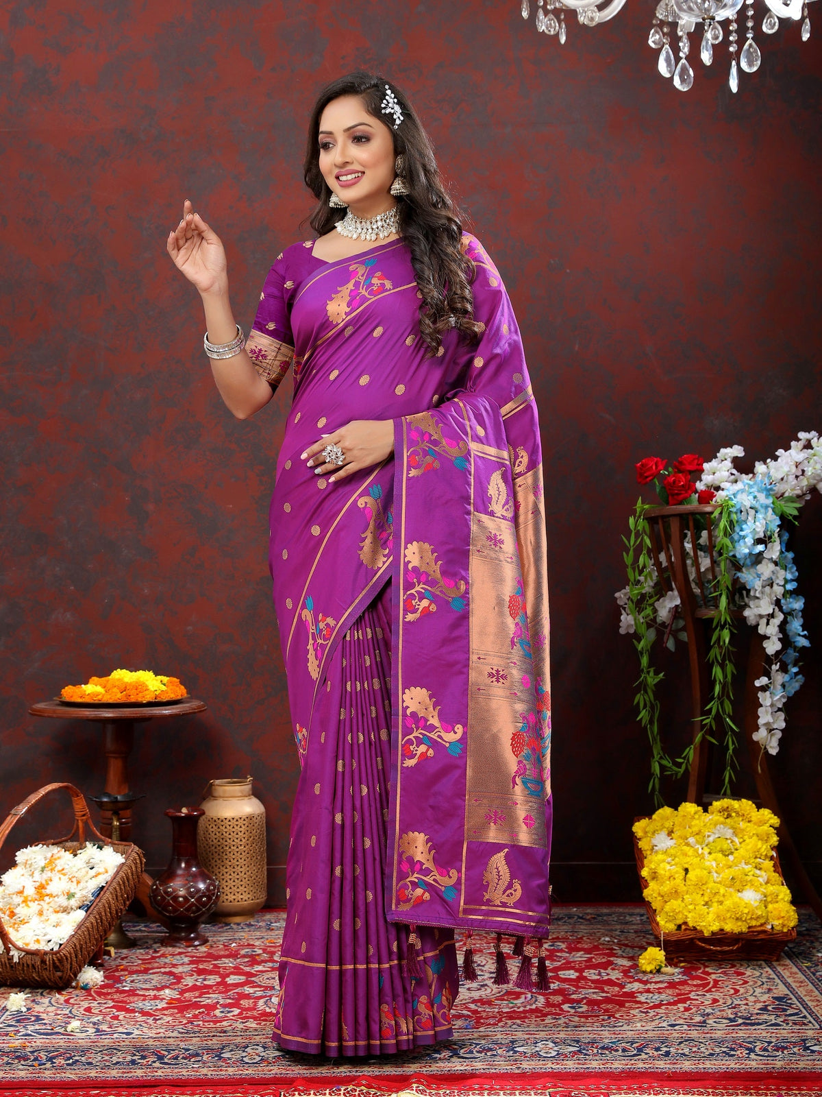 Vedant Vastram Purple Color Paithani Silk Saree - Purple | Grocsy