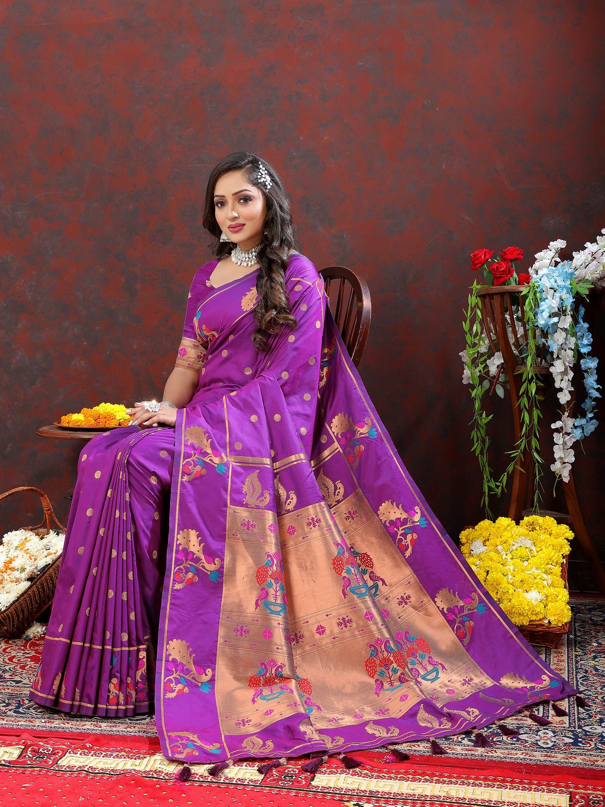Vedant Vastram Purple Color Paithani Silk Saree - Purple | Grocsy
