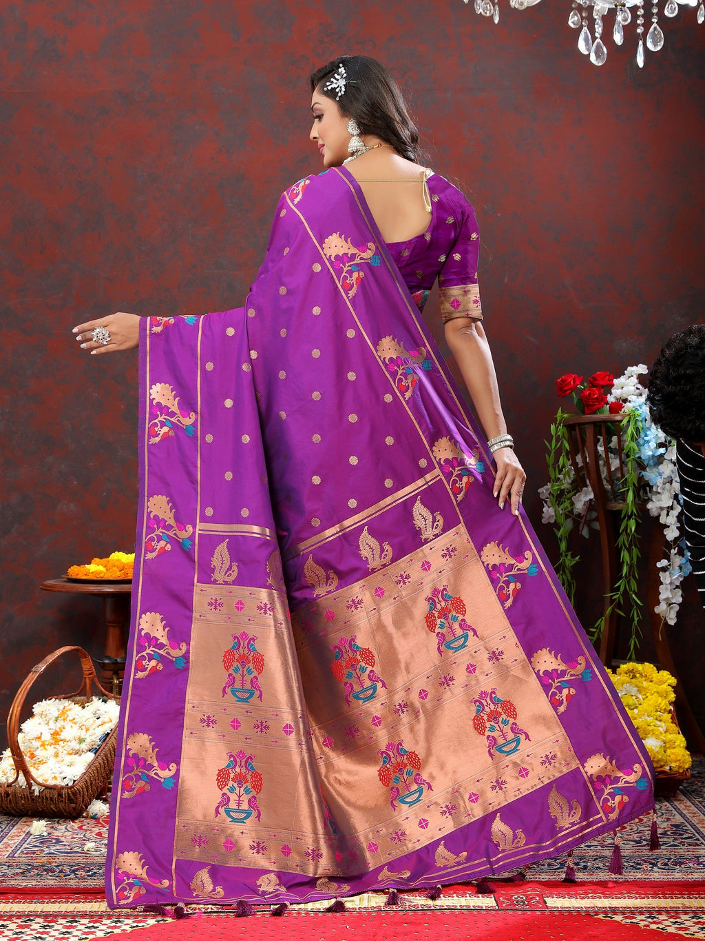 Vedant Vastram Purple Color Paithani Silk Saree - Purple | Grocsy