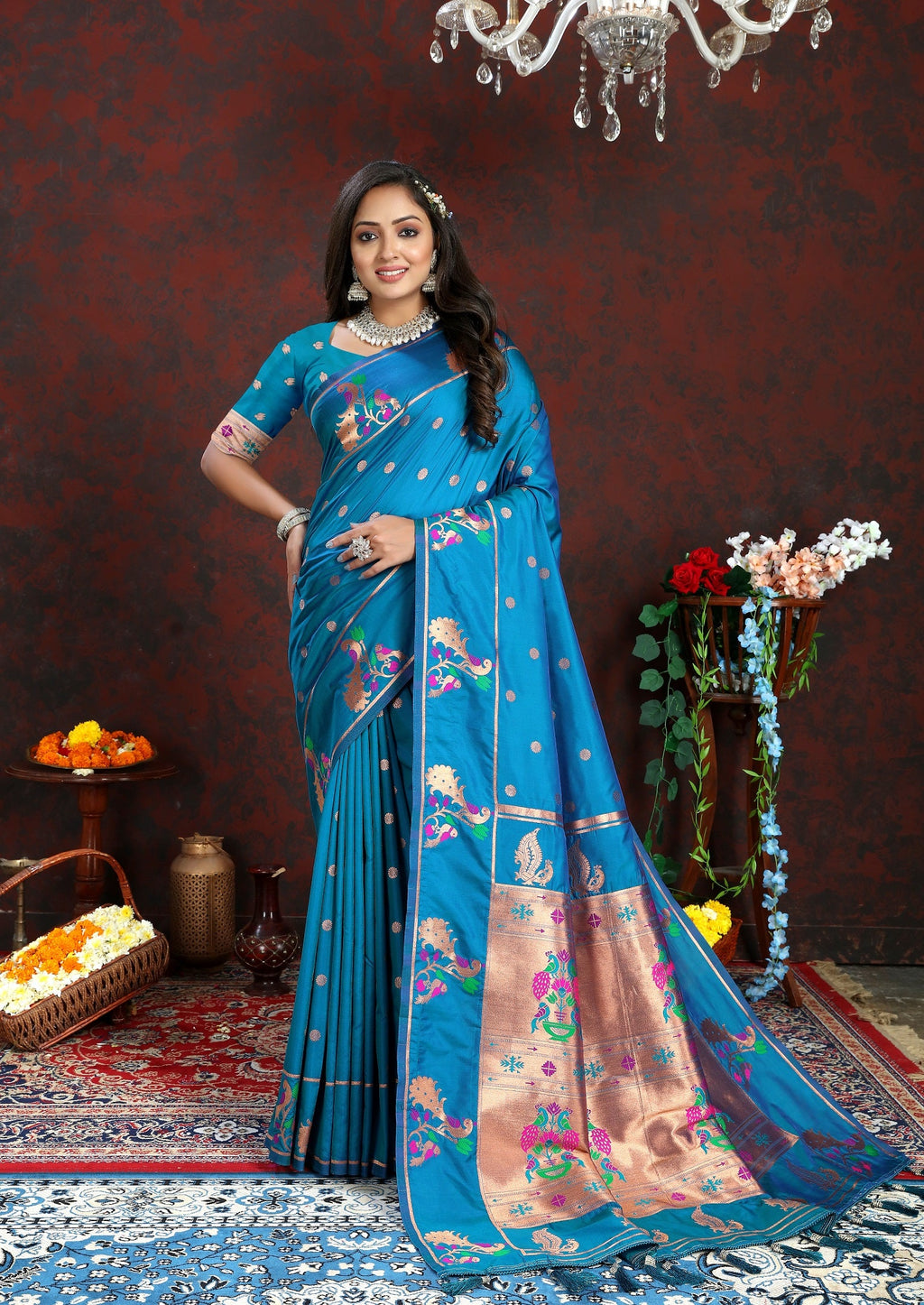 Vedant Vastram Rama Color Paithani Silk Saree - Rama | Grocsy