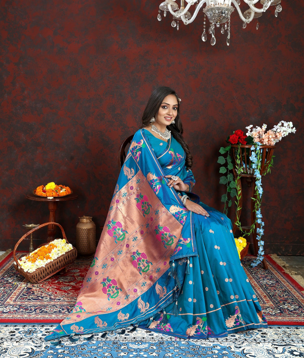 Vedant Vastram Rama Color Paithani Silk Saree - Rama | Grocsy